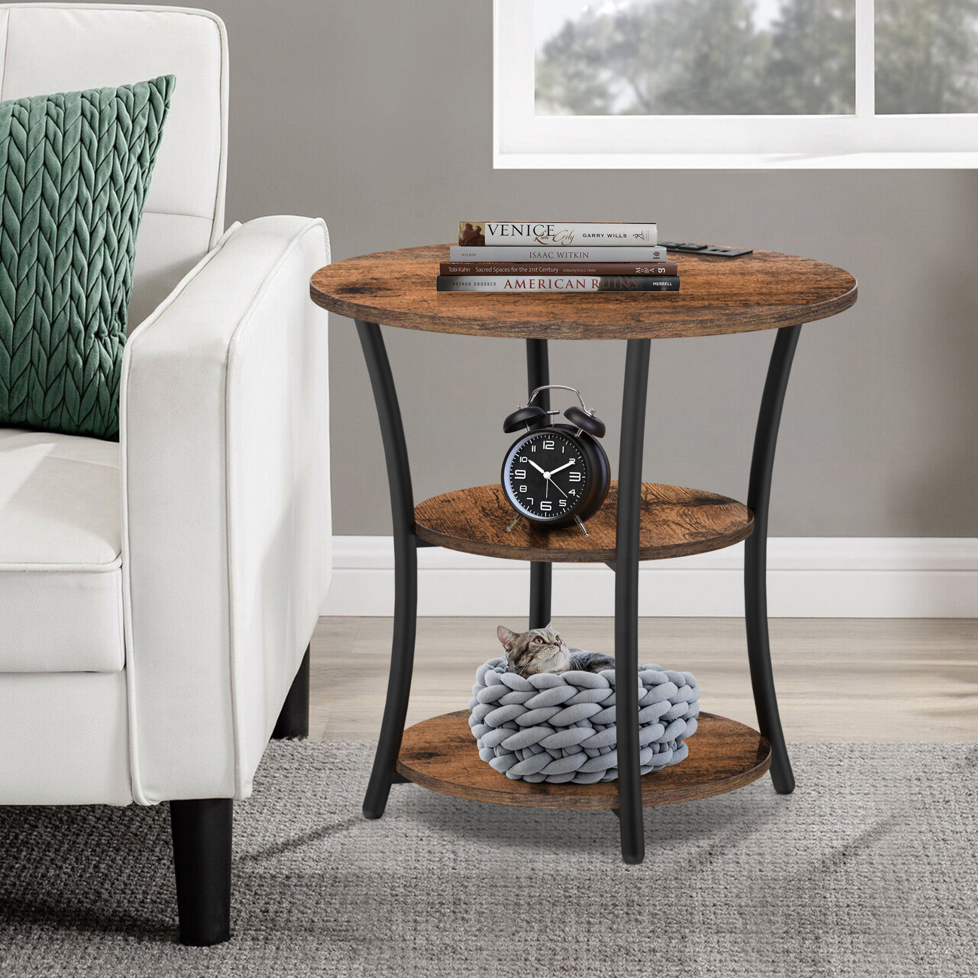 Jalane Tall End Table with 2 USB Ports 2 Power Outlets and 3 Tier Storage Shelves 17 Stories Color Dark Walnut Black